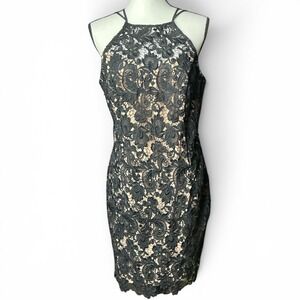 GUESS Black Lace Halter Sheath Dress Women Size L W84K00R8O81 Nude Lining